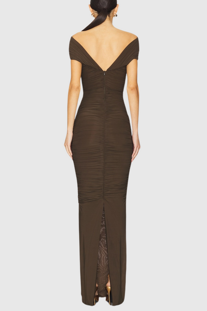 Bettye Off Shoulder Cutout Ruched Mesh Maxi Dress