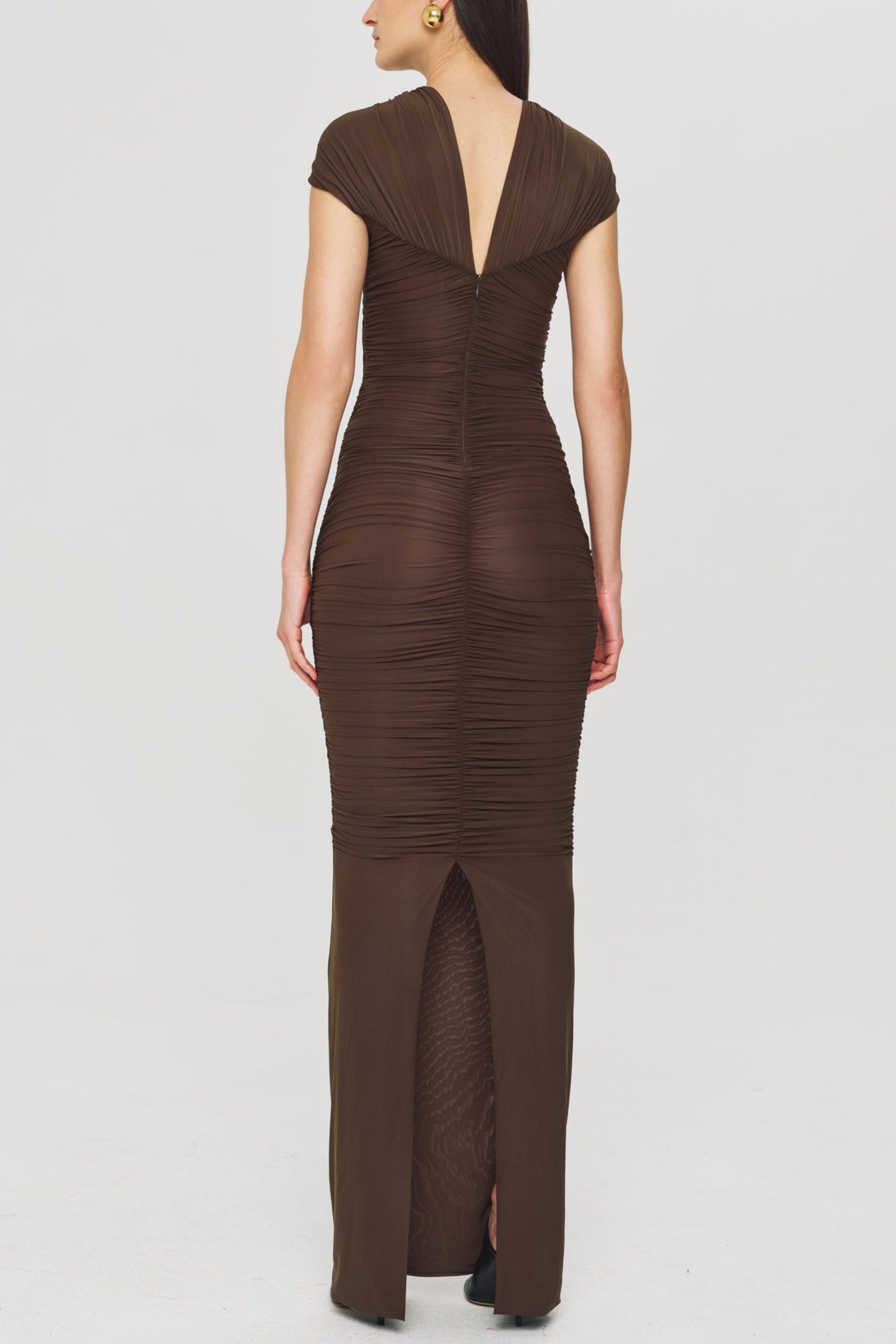 Bettye Off Shoulder Cutout Ruched Mesh Maxi Dress