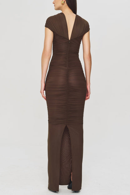 Bettye Off Shoulder Cutout Ruched Mesh Maxi Dress