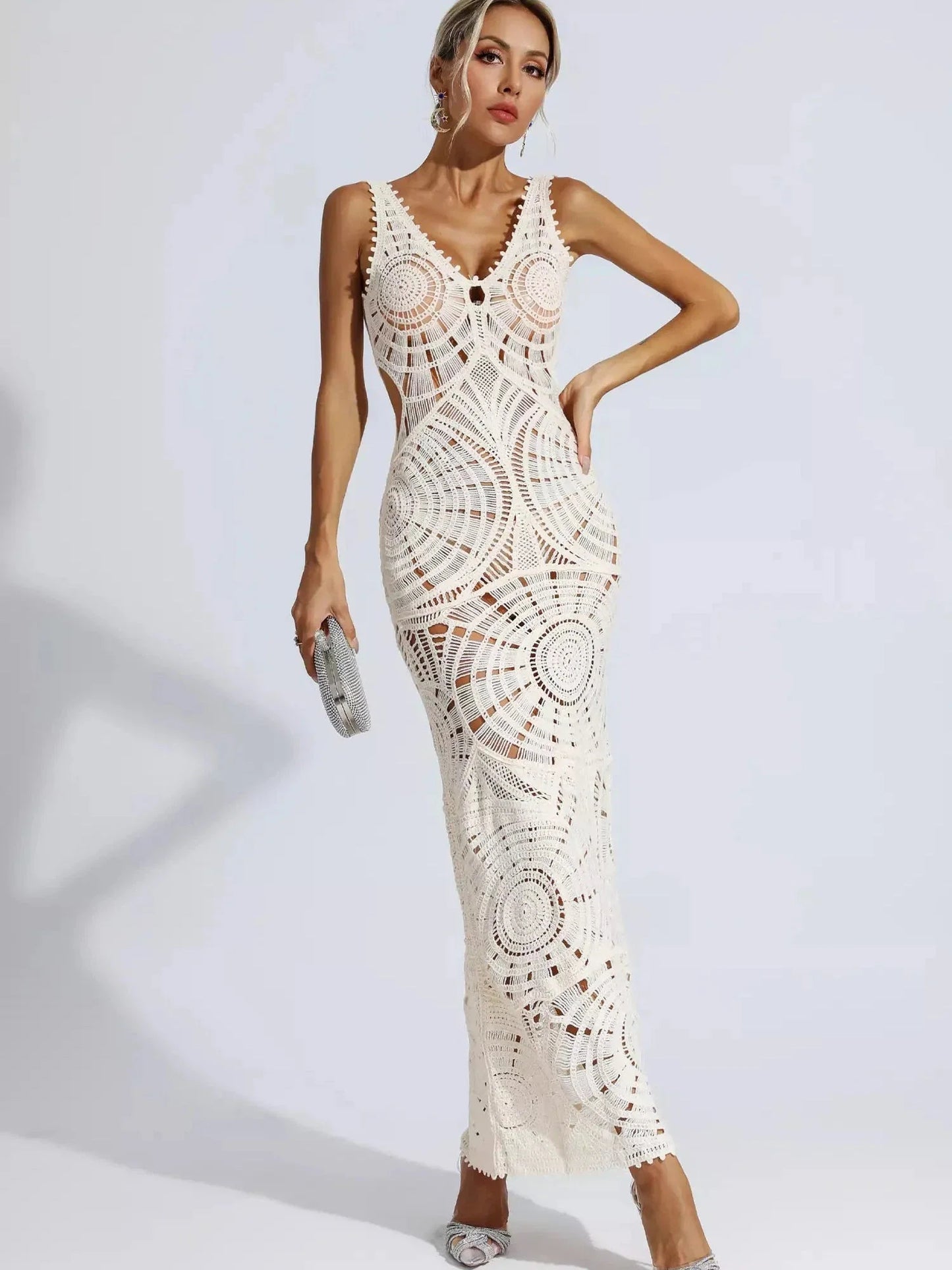 Crochet Hollow V neck Backless Maxi Dress