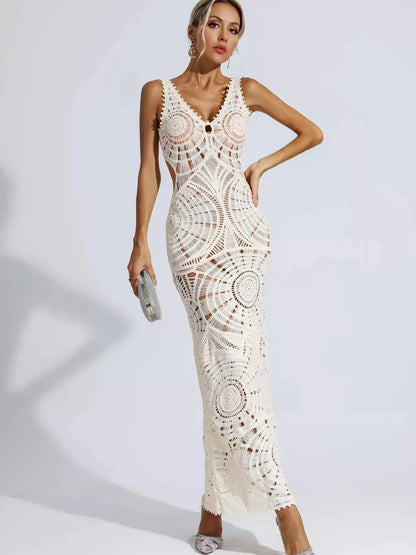 Crochet Hollow V neck Backless Maxi Dress