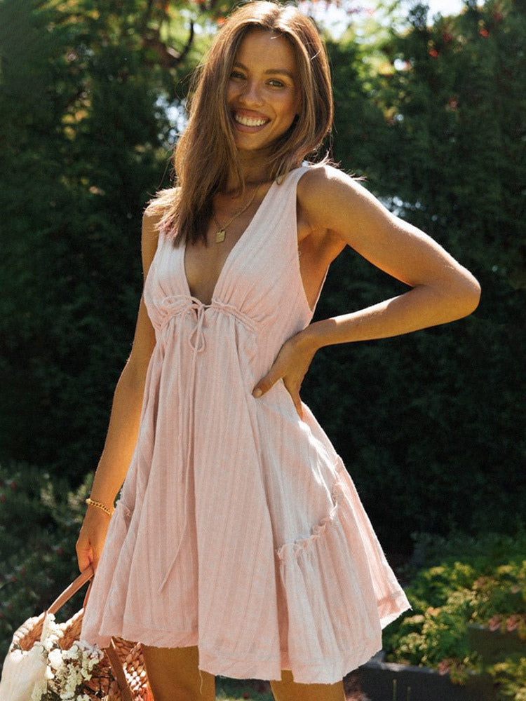 Cotton Sleeveless Babydoll Dress for Women - Boho V Neck Backless A-line Mini Sun Dress - Summer Beach Vacation 2026