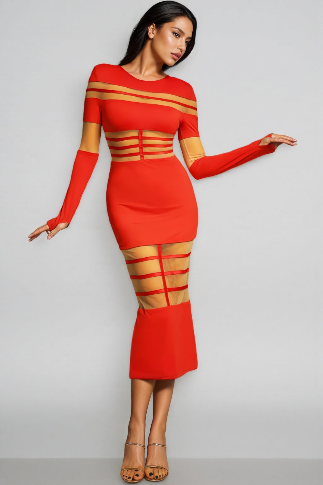 Spark Long Sleeve Round Neck Midi Dress