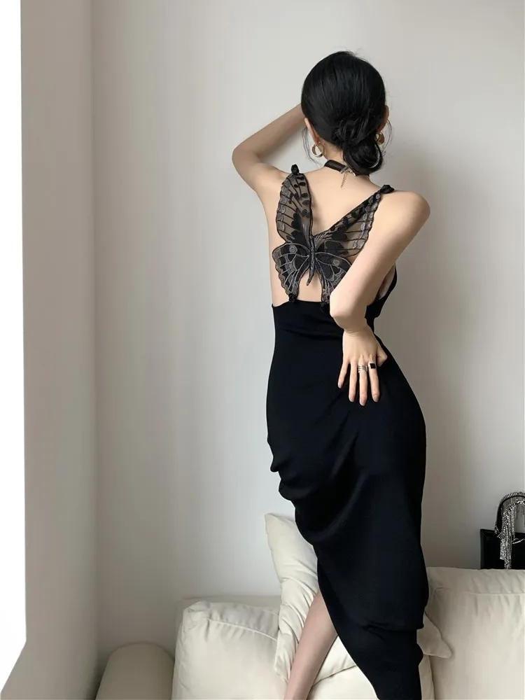 Lace Butterfly Applique Open-Back Sleeveless Bodycon Midi Dress