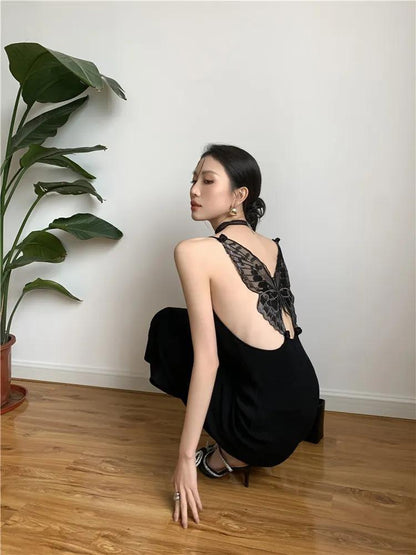 Lace Butterfly Applique Open-Back Sleeveless Bodycon Midi Dress