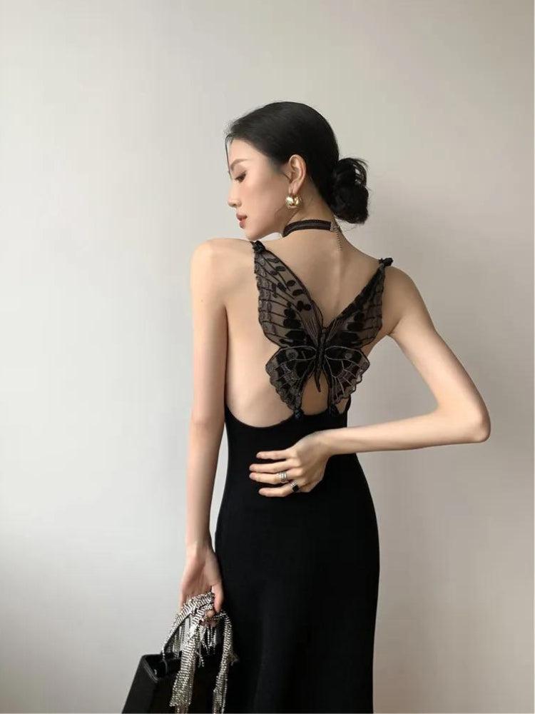 Lace Butterfly Applique Open-Back Sleeveless Bodycon Midi Dress