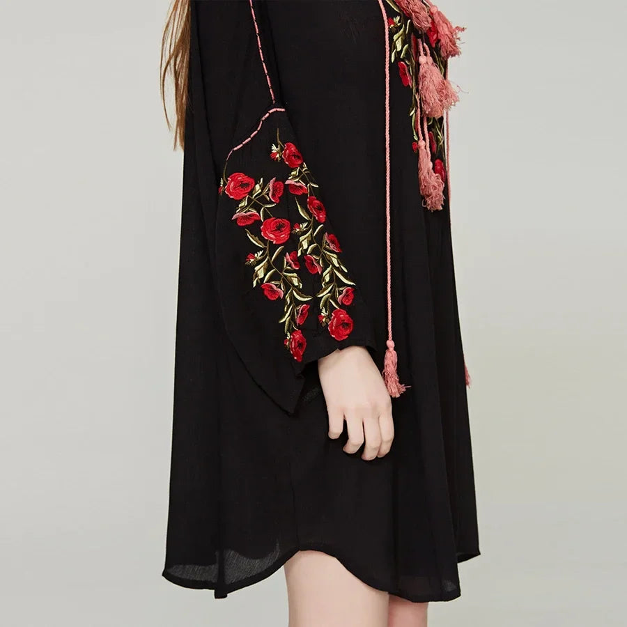 Black Cotton Rayon Floral Embroidery Beach Dress