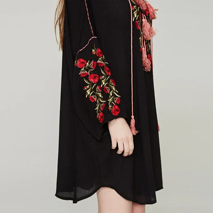 Black Cotton Rayon Floral Embroidery Beach Dress