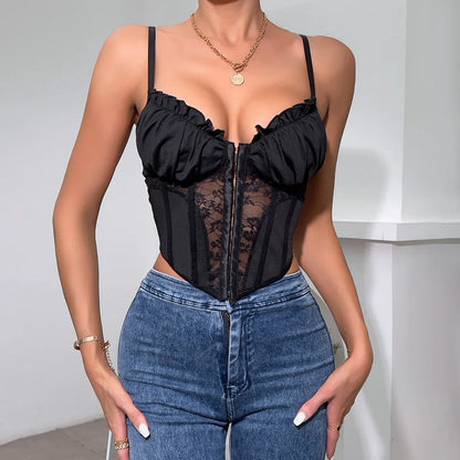 Black Lace Pleated Sheer Fishbone Spaghetti Top