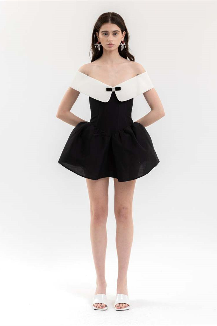 Antonia Off Shoulder Diamante Bow Mini Dress