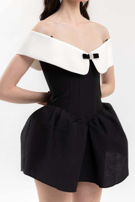 Antonia Off Shoulder Diamante Bow Mini Dress