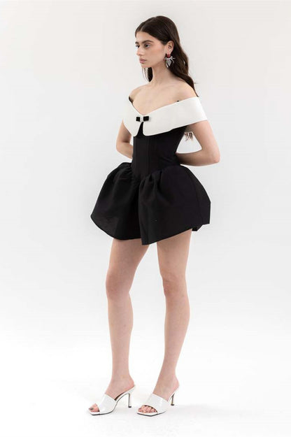 Antonia Off Shoulder Diamante Bow Mini Dress