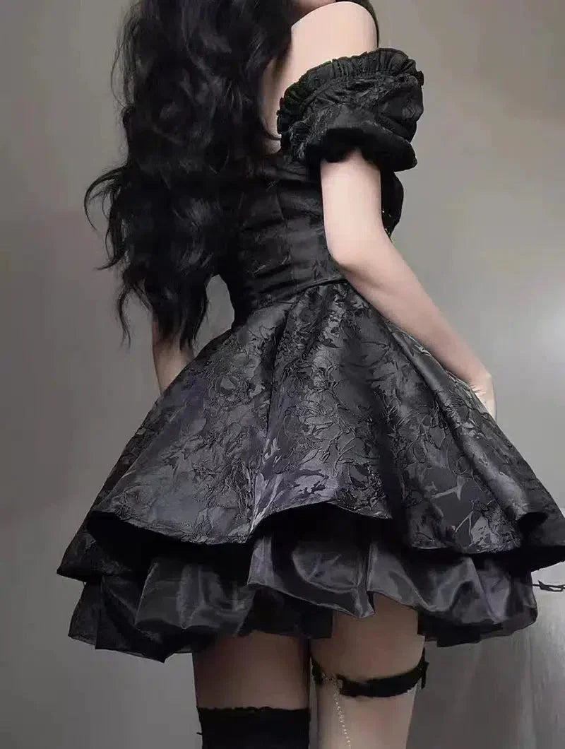 Off Shoulder Puff Sleeve Corset Lace Up Jacquard Tiered Mini Dress
