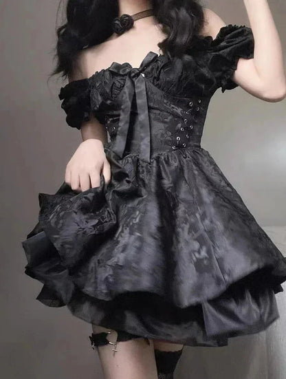 Off Shoulder Puff Sleeve Corset Lace Up Jacquard Tiered Mini Dress