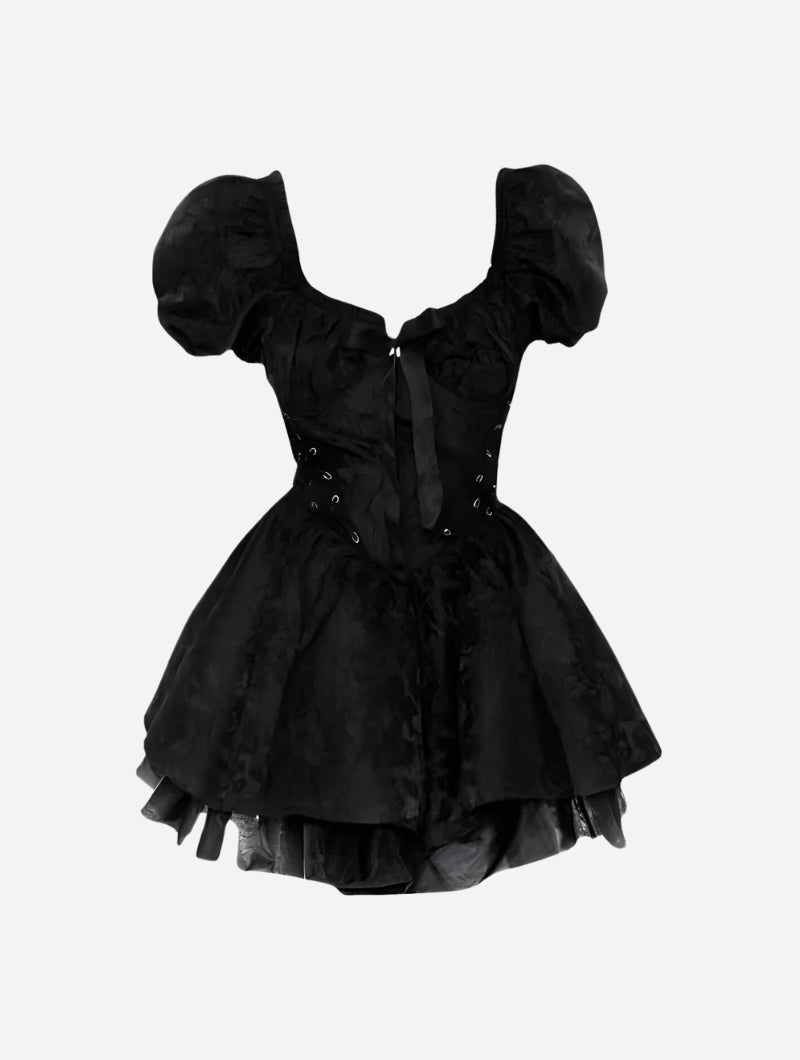 Off Shoulder Puff Sleeve Corset Lace Up Jacquard Tiered Mini Dress