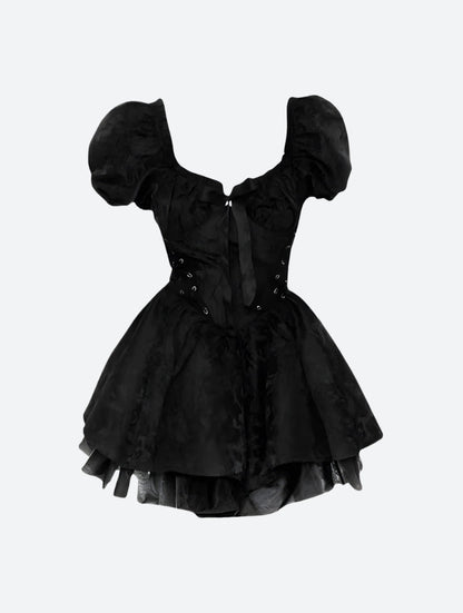 Off Shoulder Puff Sleeve Corset Lace Up Jacquard Tiered Mini Dress