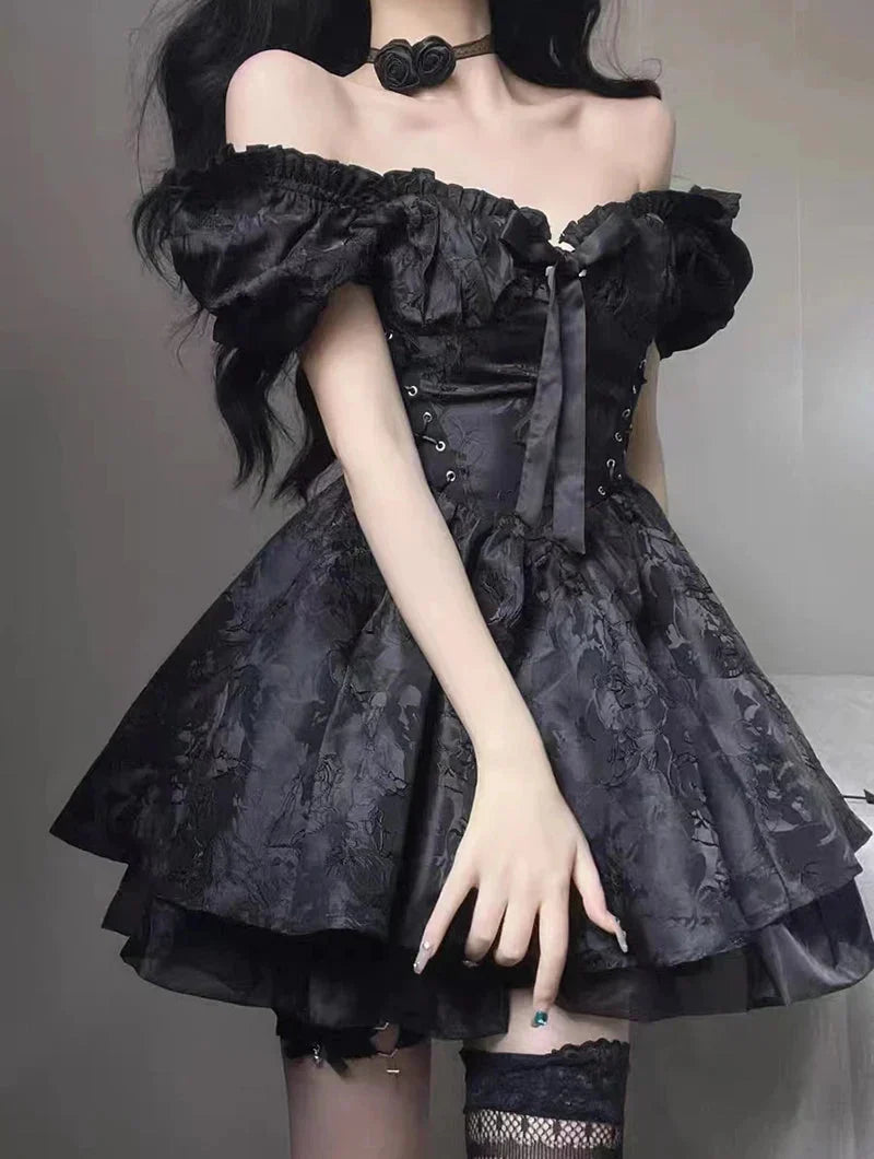 Off Shoulder Puff Sleeve Corset Lace Up Jacquard Tiered Mini Dress