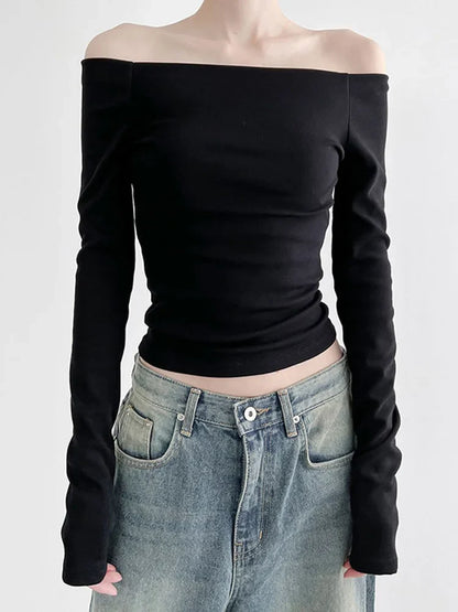 Black Slash Neck Elegant Long Sleeve Slim Knit Top