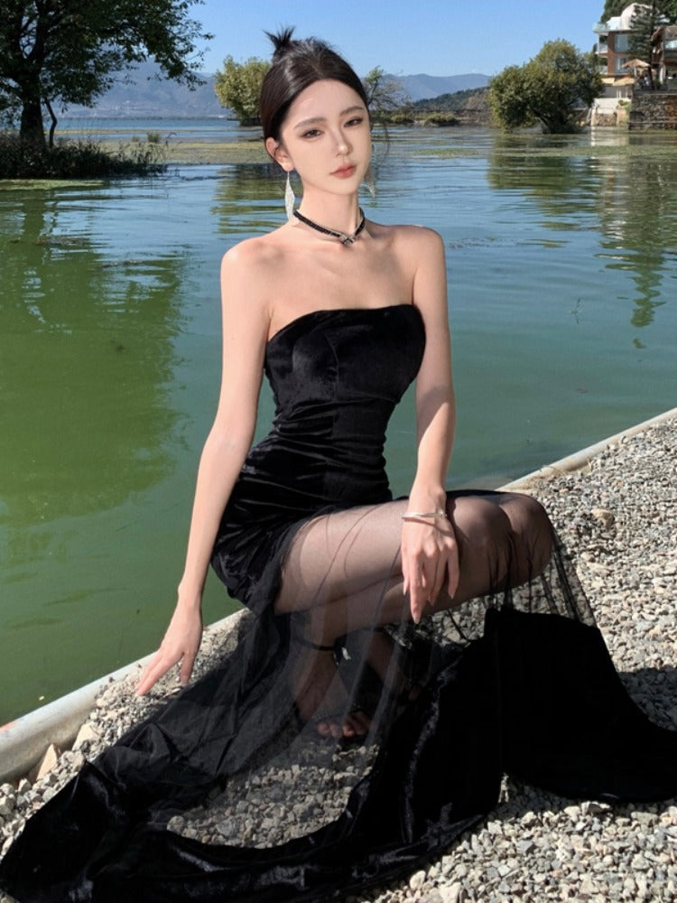 Black Strapless Evening Dress Elegant Formal & Beach Party Look