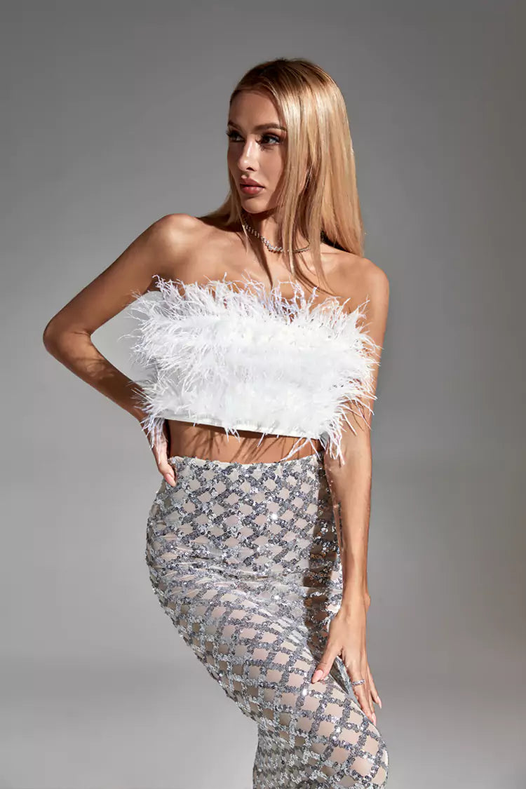 Blake White Feather Sequin Bandage Set