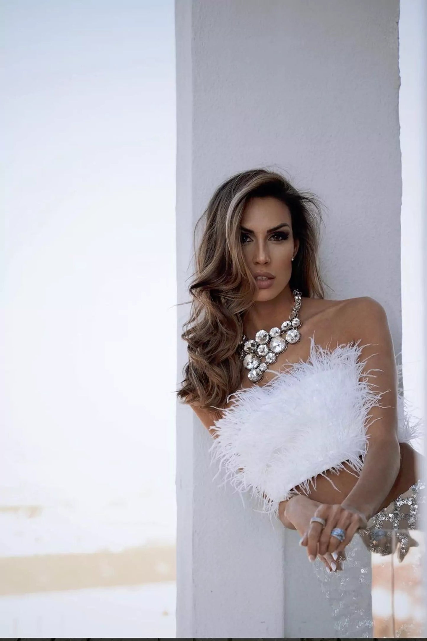 Blake Sequin Feather Bandage Set-White