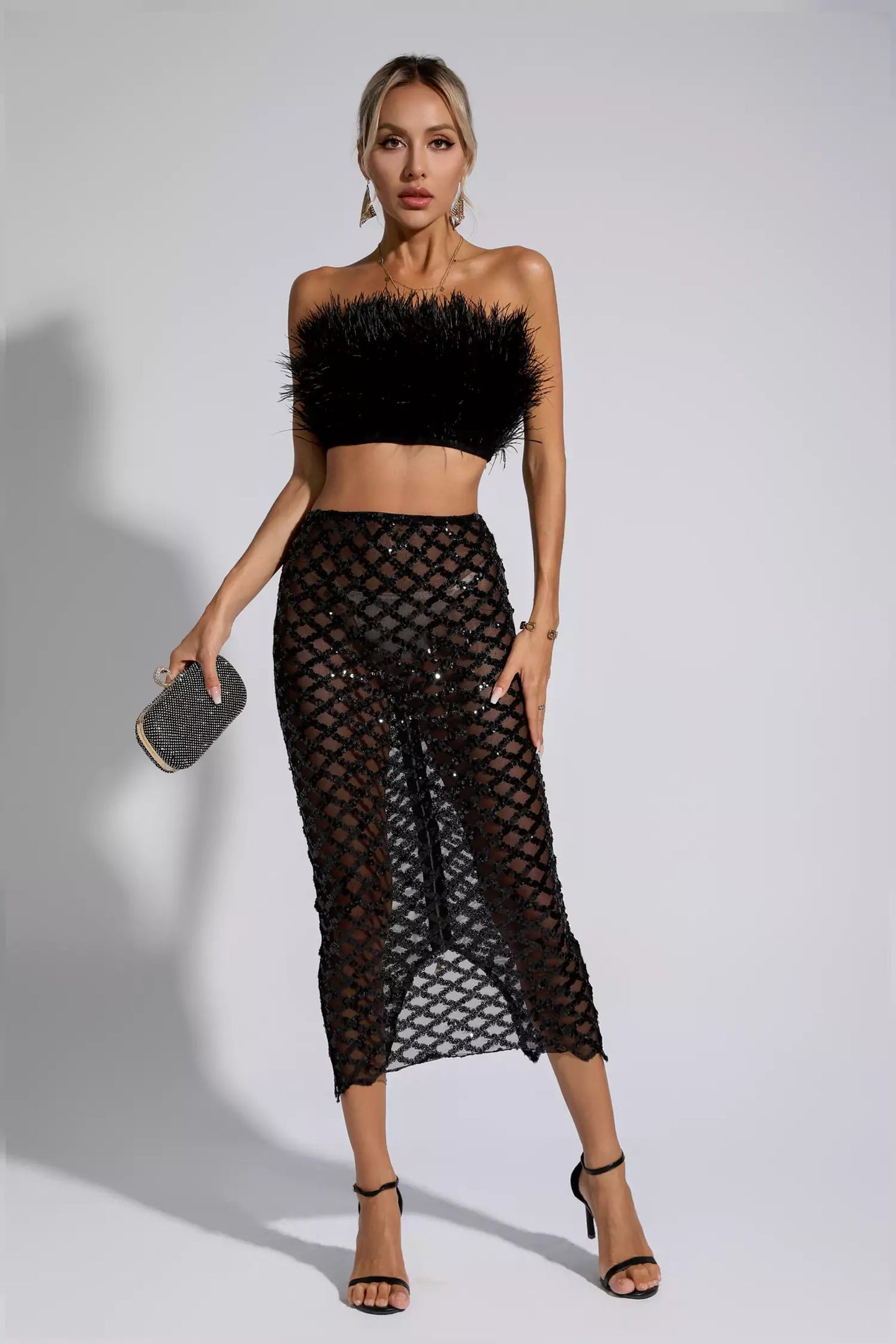 Blake Black Feather Sequin Bandage Set