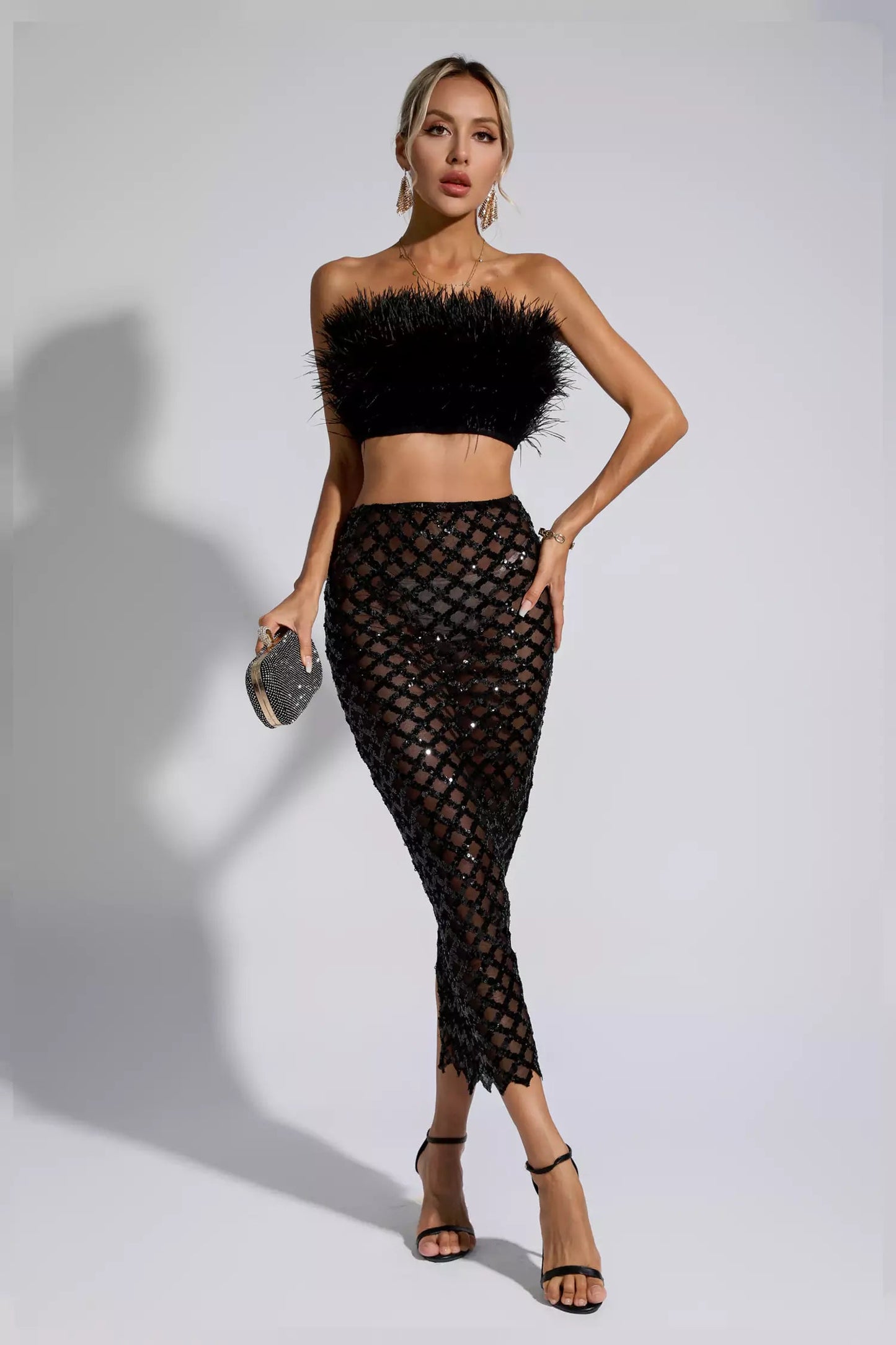 Blake Black Feather Sequin Bandage Set