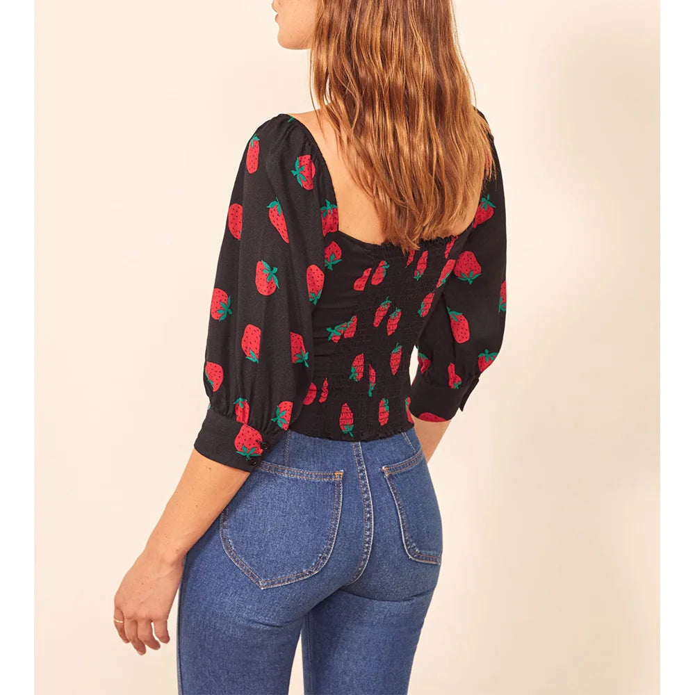 Strawberry Print Sweetheart Neck Slim Smocked Puff Blouse