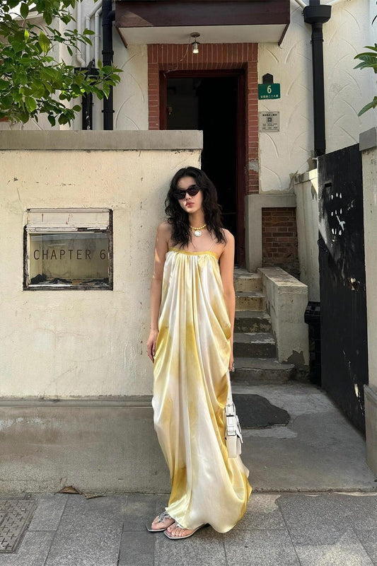 French Chic Tie-Dye Maxi Dress Elegant Ruched Slip Dress for Summer Beach Getaway