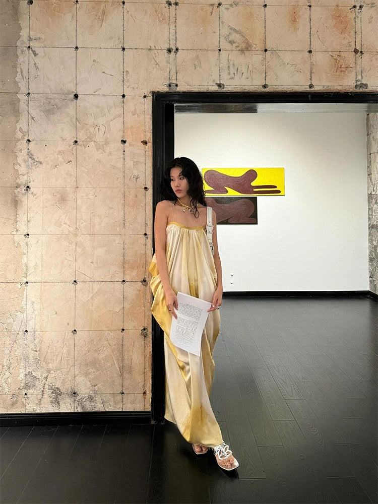 French Chic Tie-Dye Maxi Dress Elegant Ruched Slip Dress for Summer Beach Getaway