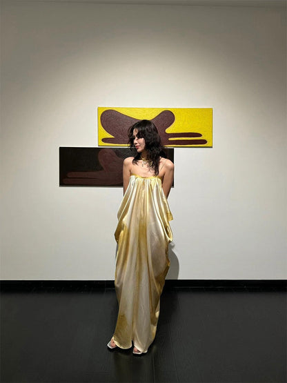 French Chic Tie-Dye Maxi Dress Elegant Ruched Slip Dress for Summer Beach Getaway