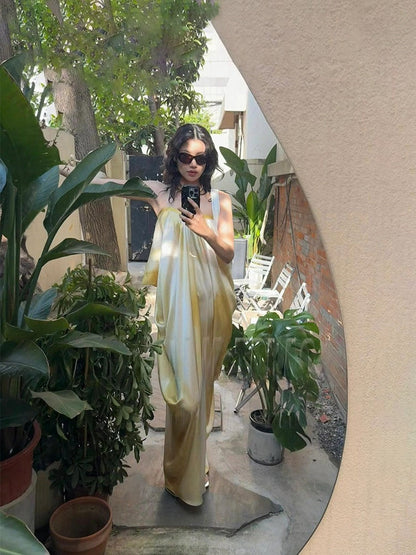 French Chic Tie-Dye Maxi Dress Elegant Ruched Slip Dress for Summer Beach Getaway