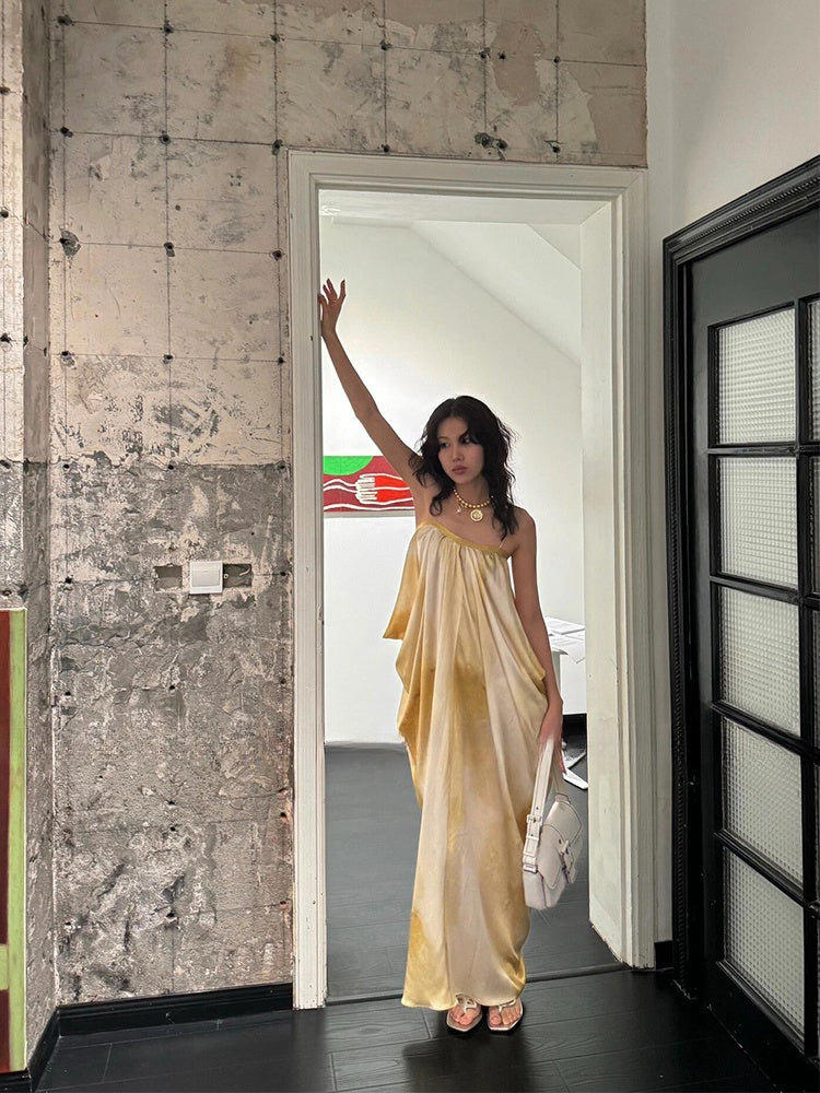 French Chic Tie-Dye Maxi Dress Elegant Ruched Slip Dress for Summer Beach Getaway