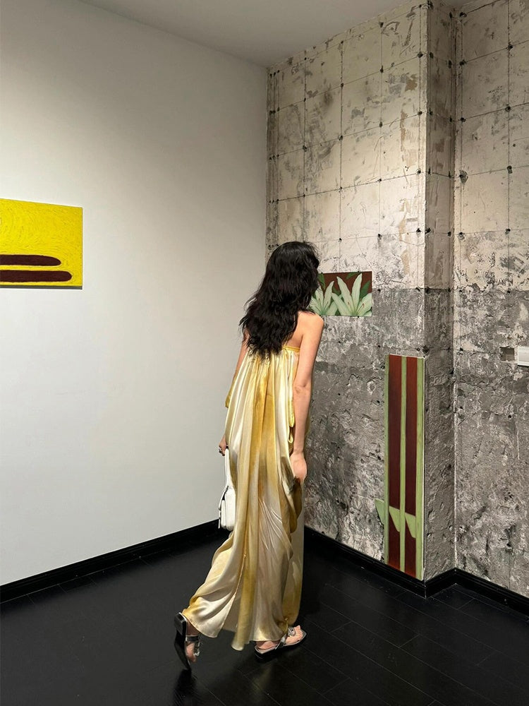 French Chic Tie-Dye Maxi Dress Elegant Ruched Slip Dress for Summer Beach Getaway