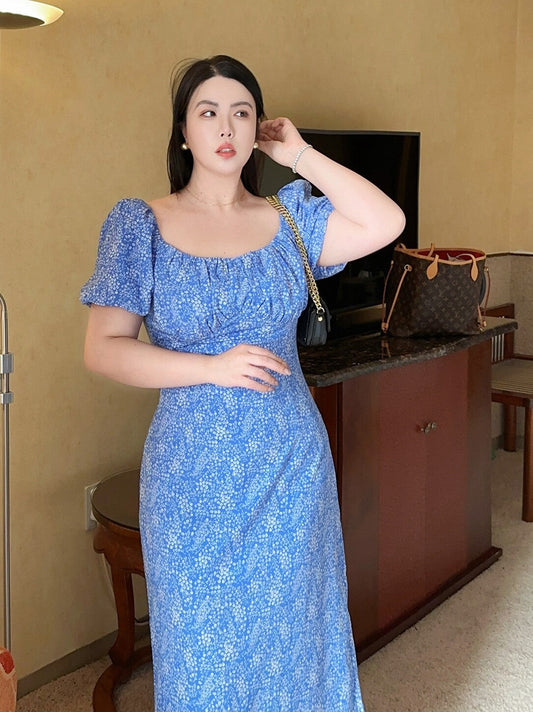 Blue Floral Puff-Sleeve Dress · Plus-Size