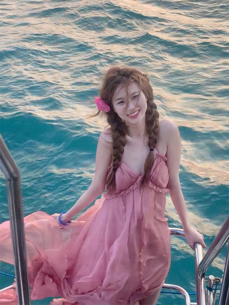 Blush Pink Halter Backless Maxi Dress Dreamy Vacation & Beach Photoshoot Look