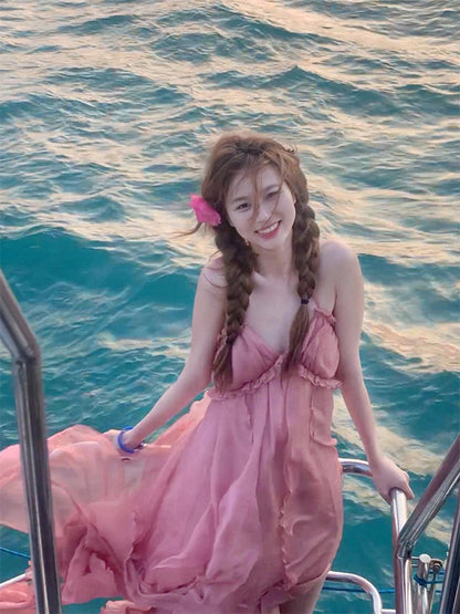 Blush Pink Halter Backless Maxi Dress Dreamy Vacation & Beach Photoshoot Look