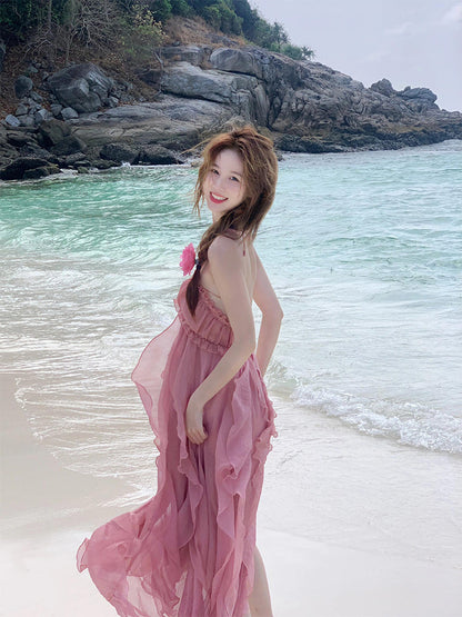 Blush Pink Halter Backless Maxi Dress Dreamy Vacation & Beach Photoshoot Look