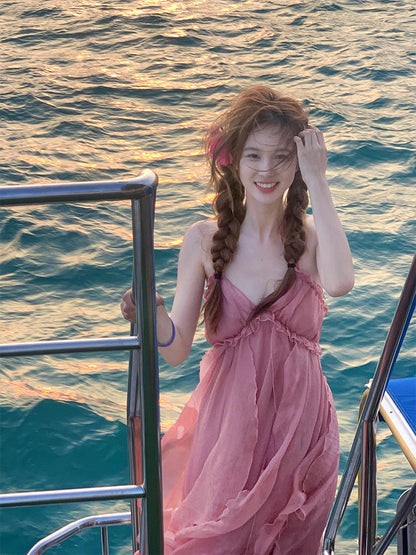 Blush Pink Halter Backless Maxi Dress Dreamy Vacation & Beach Photoshoot Look