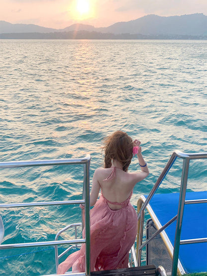 Blush Pink Halter Backless Maxi Dress Dreamy Vacation & Beach Photoshoot Look