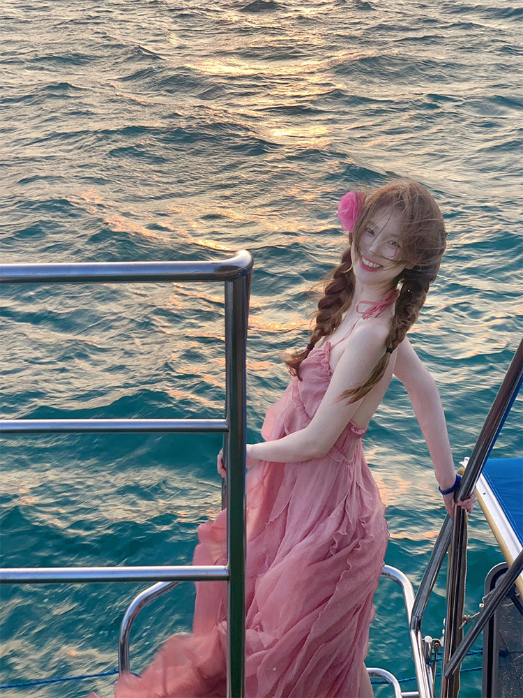 Blush Pink Halter Backless Maxi Dress Dreamy Vacation & Beach Photoshoot Look