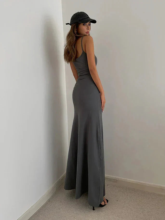 Square Neck Spaghetti Strap Jersey Bodycon Maxi Dress