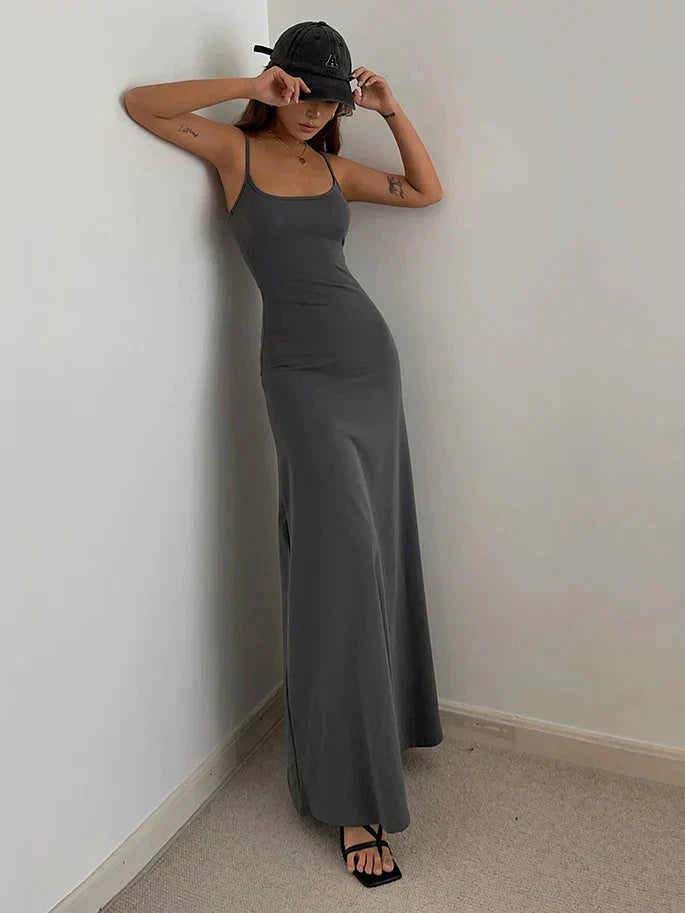 Square Neck Spaghetti Strap Jersey Bodycon Maxi Dress