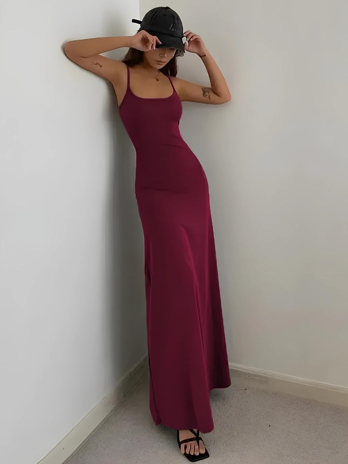 Square Neck Spaghetti Strap Jersey Bodycon Maxi Dress