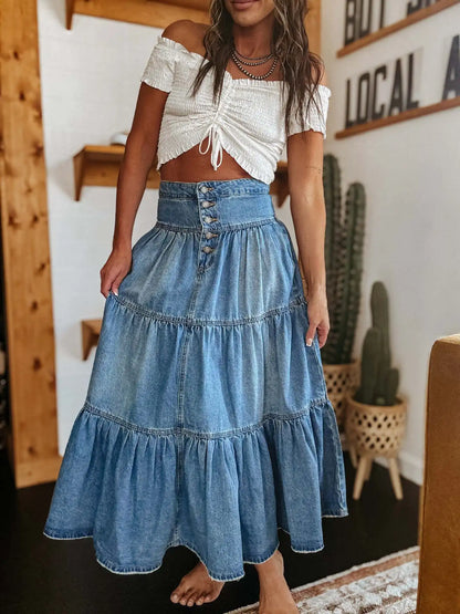 Bohemian Tiered Denim Maxi Skirt