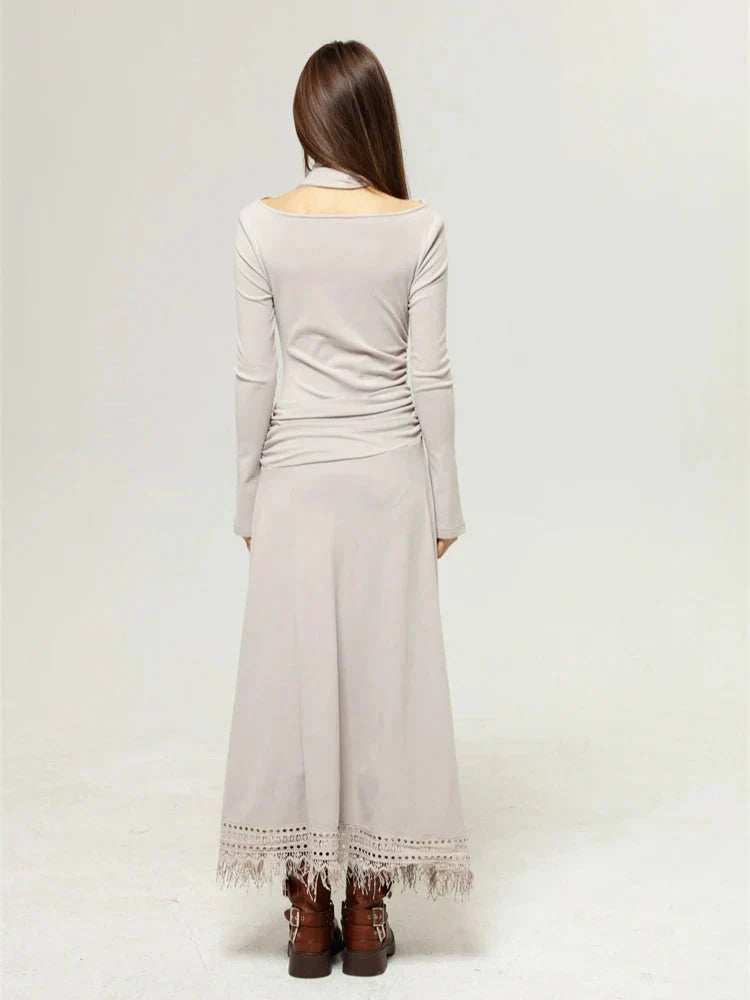 Botanical Print Scarf Tie Neck Long Sleeve Top and Fringe Lace Midi Skirt Set