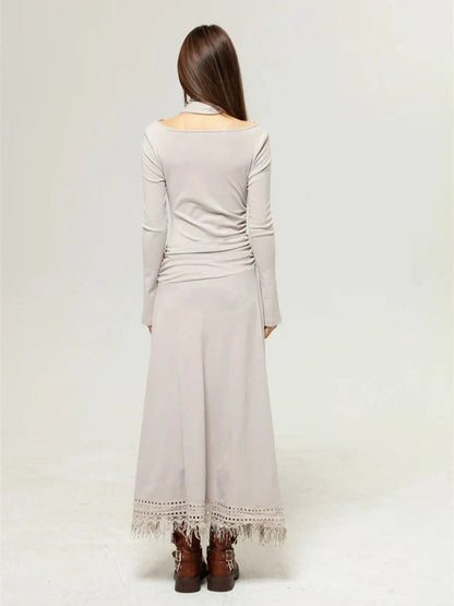 Botanical Print Scarf Tie Neck Long Sleeve Top and Fringe Lace Midi Skirt Set