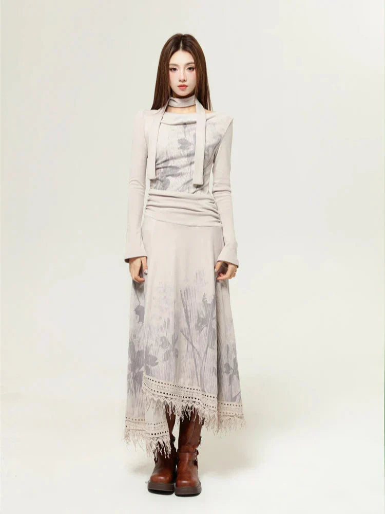 Botanical Print Scarf Tie Neck Long Sleeve Top and Fringe Lace Midi Skirt Set