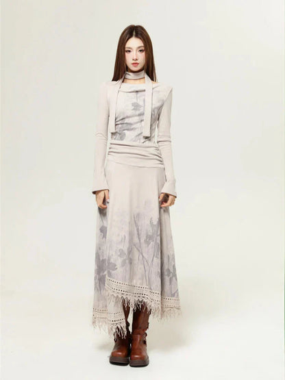 Botanical Print Scarf Tie Neck Long Sleeve Top and Fringe Lace Midi Skirt Set