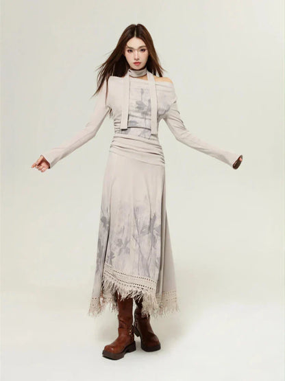 Botanical Print Scarf Tie Neck Long Sleeve Top and Fringe Lace Midi Skirt Set